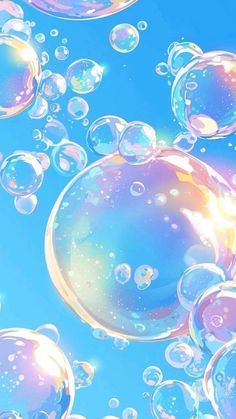 soap bubbles floating in the air on a blue sky with white and yellow highlights,