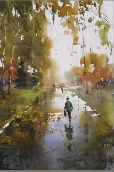 a painting of a person walking in the rain