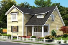 a small yellow house with a white picket fence around the front yard and porch area