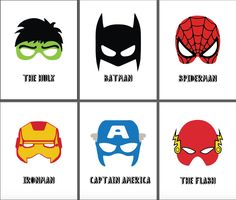 four different superhero masks with the names of them