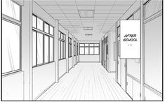 a line drawing of an empty hallway with signs on the doors and windows that read after school