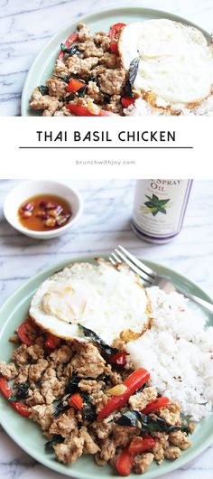 two plates filled with different types of food on top of a white countertop next to a bottle of thai basil chicken