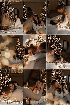 a collage of photos with lights in the background and two people kissing each other