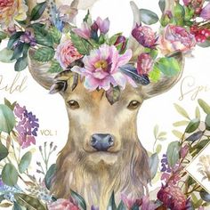 a watercolor painting of a deer with flowers in its antlers