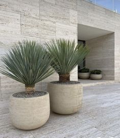 two large planters sitting next to each other in front of a building