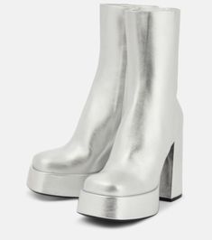 Aevitas metallic leather platform ankle boots in silver - Versace | Mytheresa Silver Boots, Platform Ankle Boots, Silver Heels, Metallic Leather, Fashion Magazine, Leather Boots, Heeled Boots, Block Heels, Metallic Silver