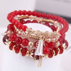 Bohemian Crystal Beaded Bracelet Set There Are 4 Separate Bracelets That Have Been Stacked To Give You This Unique Look. Wear Each One Separately Or Together. Red Faceted Beads Bracelets Bohemian Style, Red Faceted Beads Bohemian Bracelets, Bohemian Red Faceted Beads Bracelets, Red Bohemian Crystal Bracelet With Round Beads, Bohemian Red Crystal Bracelet With Round Beads, Elegant Red Bracelets For Beach, Bohemian Red Beaded Stretch Bracelet, Rope Bracelets, Bracelets Women