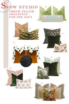 pillows and pillow covers for the sofa in various styles, sizes and colors are shown