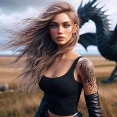 a woman with long hair and tattoos standing in front of a black bird on the field