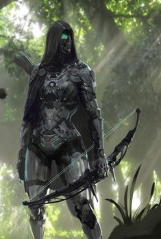 a futuristic woman holding a bow and arrow in front of a forest filled with trees