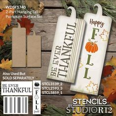 From StudioR12 - Tall Hanging Rectangular Pumpkin Surface - SHIPS FAST! USA MADE! These precision cut pumpkin-shaped wood MDF surfaces are ready for paint, glue, decoupage, & more! Create your own painted wood signs. Makes the perfect addition to your next Fall DIY project or existing Halloween decor!

Set includes two pieces, one small hanging pumpkin surface and one large hanging pumpkin surface.

Approximate Pumpkin Sizes:
Small - 14.5" x 5.5" - 1/4" MDF
Large - 17.5" x 5.5" - 1/4" MDF Stenciled Doors, Dinosaur Stencil, Cut Pumpkin, Wedding Stencils, Bee Stencil, Welcome Stencil, Halloween Stencils, Engraved Tumblers, Animal Stencil