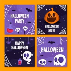 four halloween cards with pumpkins and skulls