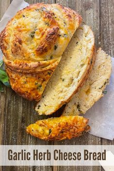 garlic herb cheese bread on a wooden table