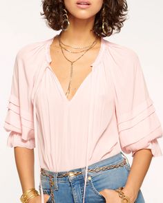 Randi Puff Sleeve Top | Ramy Brook Bohemian V-neck Blouse With Ruffles, Tiered Tops For Layering, Spring Layering V-neck Top, Ramy Brook, Puff Sleeve Top, Neck Tie, Puff Sleeve, Ready To Wear, Sleeve Top