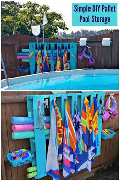 an above ground pool filled with colorful towels