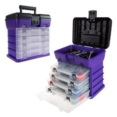 a purple tool box filled with lots of tools and plastic containers stacked on top of each other