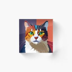 a colorful cat with green eyes acrylic print mounted on a wall