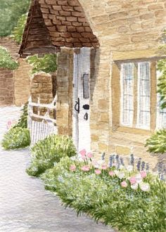 a watercolor painting of a house with flowers in the front yard and an open door