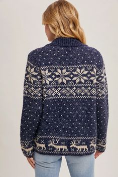 Stay cozy and chic this winter with our Nordic Print Zip Up Sweater in navy. The super soft knit features a playful reindeer and snowflake pattern, and the front zip adds versatility to the slightly oversized fit. Perfect for staying warm and stylish all season long! Model is 5'10" and wearing her true size Small. Small: Bust 22”, Length 26.5” 55% Acrylic, 25% Polyester, 20% Nylon. Nordic Print, Snowflake Pattern, Zip Up Sweater, Denim Jumpsuit, Stay Cozy, Cardigan Tops, Bottom Clothes, Small Bust, Soft Knits