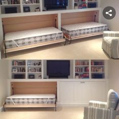 there are two pictures of a living room with bookshelves and couches in it