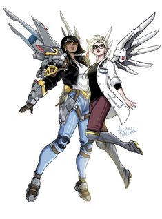 two women dressed in costumes and holding swords, one is wearing an angel costume while the other