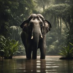 an elephant is standing in the water surrounded by trees