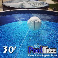 an inflatable ball floating on top of a swimming pool with the words pool tree written below it