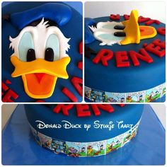 two pictures of donald the duck cake with fondant letters on top and bottom, along with an image of donald the duck