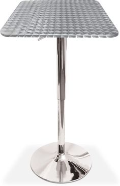 the square table is made from stainless steel and has a metal base with an aluminum top