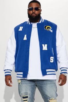 Available In Blue/combo. Front Button Closure Side Hand Pockets Ribbed Cuff And Bottom Hem Shell: 93% Polyester 5% Rayon 2% Elastane Lining: 100% Polyester Imported | Mens Rams Varsity Jacket in Blue size Small by Fashion Nova Collegiate Blue Long Sleeve Outerwear, Varsity Jacket, Fashion Nova, Mens Jackets, Cuff, Size Medium, Blue