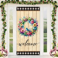 a welcome sign hanging on the side of a wooden door