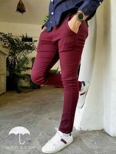 Burgundy Pants Men, Mens Colored Pants, Burgundy Shoes Outfit, Burgundy Chinos, Moon Rain, Sneakers Outfit Casual, Maroon Pants, Burgundy Pants, Pants Outfit Men