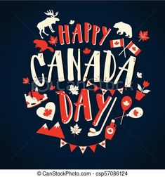 happy canada day with canadian symbols and lettering on dark background stock photo, royalty illustration