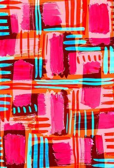 an abstract painting with pink and blue stripes on orange background, created using acrylic paint