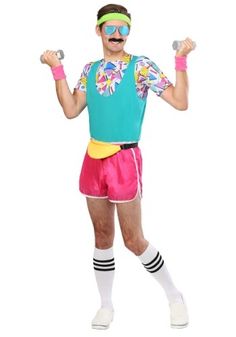 a man in colorful clothing and sunglasses holding two dumbbells while standing on one leg