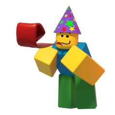 a lego man wearing a party hat and holding a red object in one hand while standing next to a yellow brick