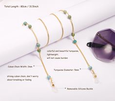 "Made of turquoise and 18k gold plated cuban curb link chain. This beautiful gold sunglasses chain fits your clothes in any occasion, simple and elegant to work perfectly with beachwear to the office. And the eyeglass chain both ends have adjustable loops with metal buckle. Easy to install and remove. The anti-slip silica gel buckles of the eyewear chain can prevent the glasses from falling down Material: 18K Gold Plated Name:Gold Glasses Chains Colour: Gold Length: 31.5\"(80cm) Chain Length Bea Bohemian Gold Chain Jewelry For Summer, Gold Glasses Chains With Round Beads As Fashion Accessory, Gold Bohemian Glasses Chains For Summer, Bohemian Gold Glasses Chains For Summer, Bohemian Summer Jewelry With Gold Chain, Bohemian Summer Gold Chain Jewelry, Adjustable Gold Chain Jewelry For Beach, Summer Gold Glass Necklaces, Gold Jewelry With Gemstone Beads For Summer