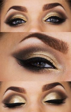 gorgeous gold, brown and black make up Great Gatsby Hairstyles, Steampunk Makeup, Make Up Gold, Alat Makeup, Gold Eye Makeup