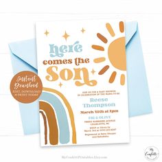 this is an image of a children's birthday party card with the words here comes the son on it