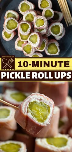 there are several different pictures of food on the plate and in the background is an advertisement for pickle roll ups