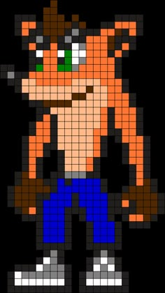 an image of a cartoon character made out of pixellated squares, with different colors and sizes