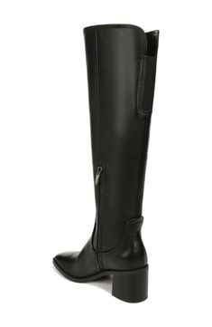 A stretchy back panel lends easy wear to an equestrian-inspired boot balanced by a squared-off toe and stacked block heel. 2 1/2" heel (size 7.5) 16" shaft; 14" calf circumference Cushioned footbed with Contour+ technology and arch support Leather upper/synthetic lining/rubber sole Imported