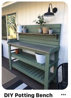 an outdoor potting bench with plants on top and the words diy potting bench below it