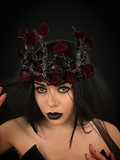 Flower Nymph Tiara and Veil Burgundy Black Gothic Style Fantasy Crown For Cosplay, Fantasy Crown Costume Accessories For Cosplay, Fantasy High Crown Halloween Costume Accessories, Fantasy High Crown Costume Accessories For Halloween, Gothic High Crown Costume Hat For Cosplay, Fantasy Crown Costume Hat For Cosplay, Gothic Tall Crown For Costume, Halloween Cosplay Crown Headpiece, Gothic Crown For Halloween Costume Party