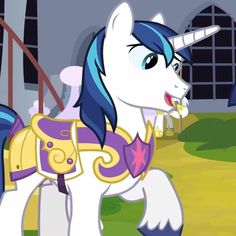 an animated pony with blue hair and purple manes standing in front of a building