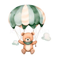 a teddy bear flying in the sky with a green and white striped balloon attached to it's back