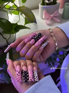 Complex Nail Designs, Mcbling Nails Long, Brat Nails, Long Square Goth Nails, Oldies Nails, Long Gyaru Nails, Y2k Nails Acrylic Pink And Black, Lepord Print 2000s Nails, Boho Nails