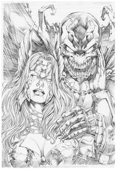 a pencil drawing of two women and an evil monster with their hands on each other's chest