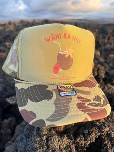 Wahi Ka Niu means break the coconut.  This hat is all aloha Adjustable 5-panel Sun Hat For Beach, Adjustable 5-panel Sun Hat For Vacation, Beach Sun Hat 5-panel, Beach Sun Hat One Size Fits Most, Adjustable 5-panel Beach Hat, Fun Short Brim Trucker Hat For Beach, Fun Short Brim Trucker Hat For The Beach, Summer Beach Trucker Hat, 5-panel, Summer Beach Trucker Hat, 5-panel Design