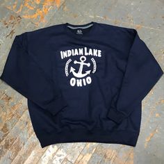 Indian Lake Anchor Graphic Designer Crew Neck Sweatshirt Long Sleeve Navy Lake Sweatshirt, Anchor Graphic, Indian Lake, Lake View, Graphic Designer, Long Sweatshirt, Limited Time, Nautical, Crew Neck Sweatshirt